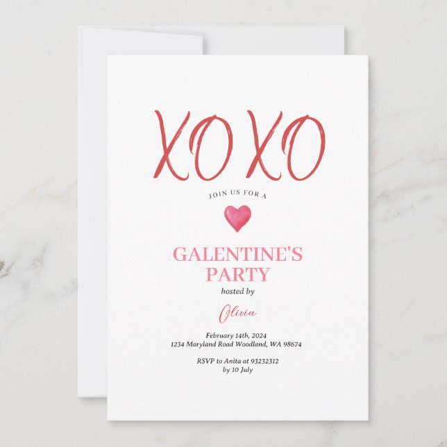 Convites Festa de Galentine's Day Rosa XOXO do Dia dos Namo (Frente)