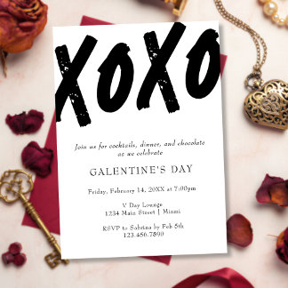 Convites Festa de Galentine's Day XOXO Pintada de Preto e B
