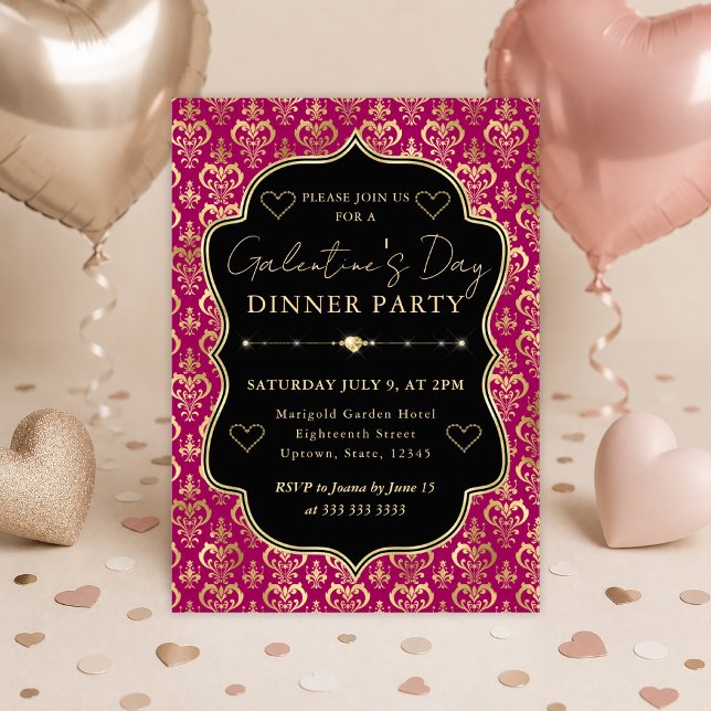 Convites Festa de Galentine's Jantar com Coração em Damasco (Criador carregado)
