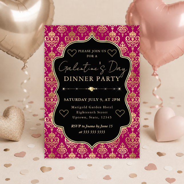 Convites Festa de Galentine's Jantar com Coração em Damasco (Criador carregado)
