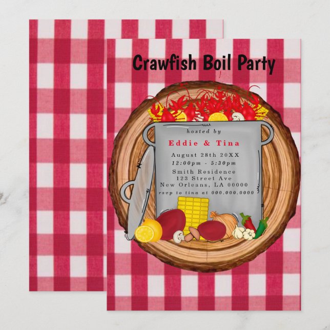 Convites Festa de Gingham Crawfish, da Red Watercolor (Frente/Verso)