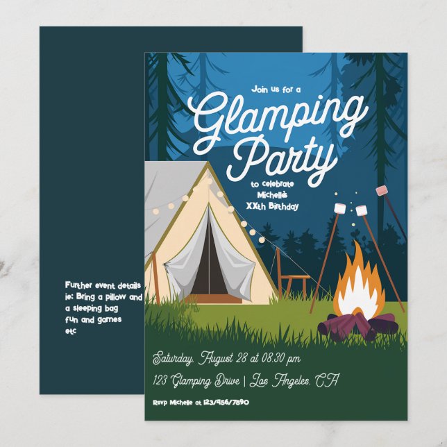 Convites Festa de Glamping com Acampamento Aconchegante e F (Frente/Verso)