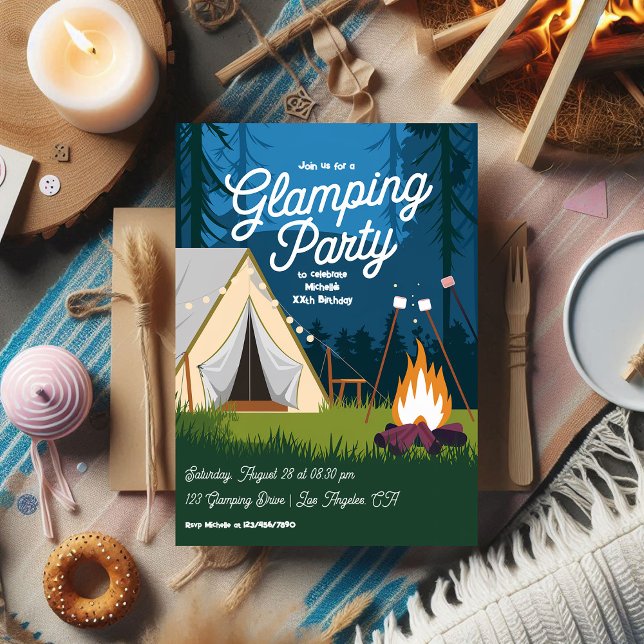Convites Festa de Glamping com Fogueira e Tenda Aconchegant (Cozy Campfire and Tent Glamping Party Invitation)