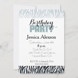 Convites Festa de Glitter de Aniversário Zebra Azul Selvage