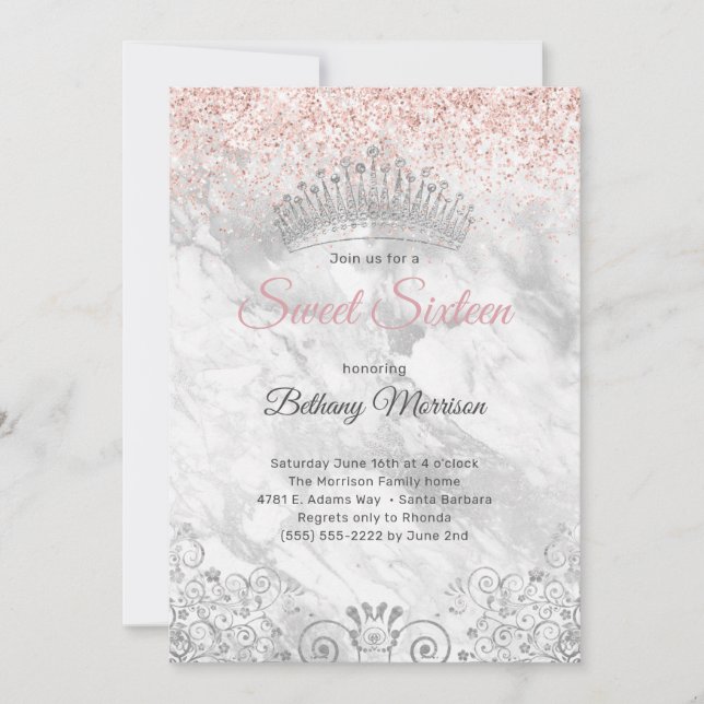 Convites Festa de Glitter de Tiara, 16 Rosa Elegante (Frente)