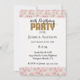 Convites Festa de Glitter Floral Rosa Bege com Brilho Doura