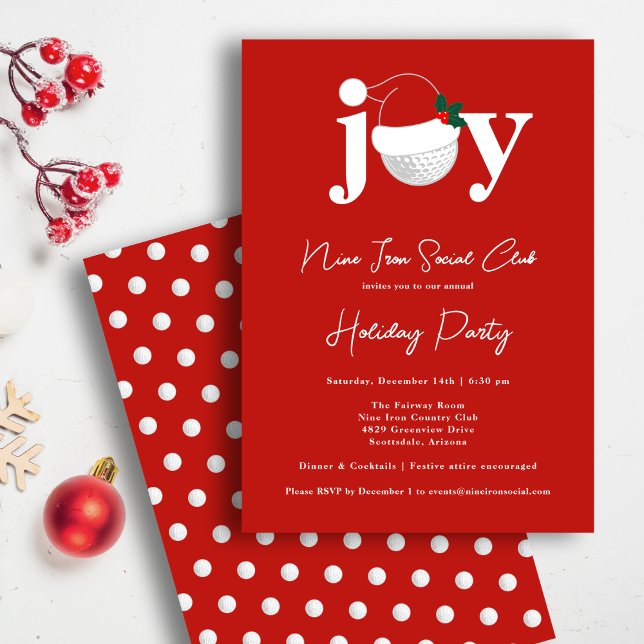 Convites Festa de Golfe Alegria Tipografia Vermelha  (Golf meets holiday cheer in bold red and white. Customizable text for your club or event.)