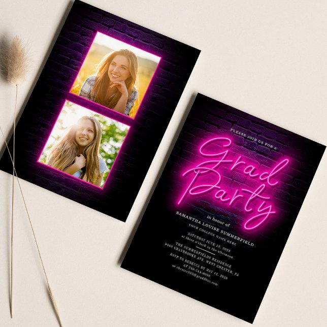 Convites Festa de Graduação 2025 Pink Neon Script 2 Photos (Graduation 2 Photos 2024 Pink Neon Script Party Invitation)