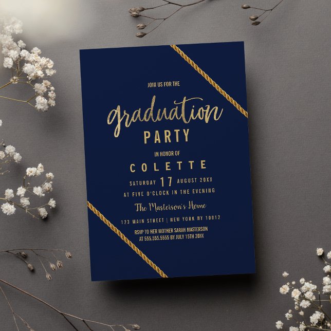 Convites Festa de Graduação azul marinho moderna simples co (Simple modern navy blue faux gold Graduation Party Invitation )