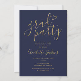 Convites Festa de Graduação Blue Gold Grad Party Script Hea