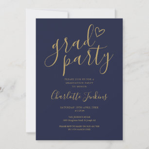 Convites Festa de Graduação Blue Gold Grad Party Script Hea