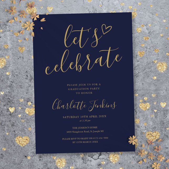 Convites Festa de Graduação Blue Gold Vamos Celebrar Roteir (Blue Gold Let's Celebrate Script Graduation Party Invitation)