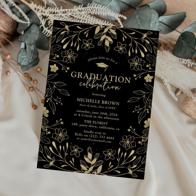 Convites Festa de Graduação Botânica Preta e Dourada (Criador carregado)