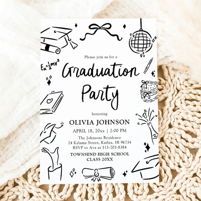 Convites Festa de Graduação com Arco Desenhado à Mão Capric (Modern Whimsical Hand Drawn Bow Graduation Party Invitation)
