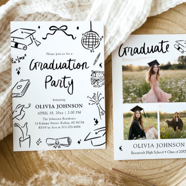 Convites Festa de Graduação com Arco Desenhado à Mão Capric (Modern Whimsical Hand Drawn Bow Graduation Party Invitation)