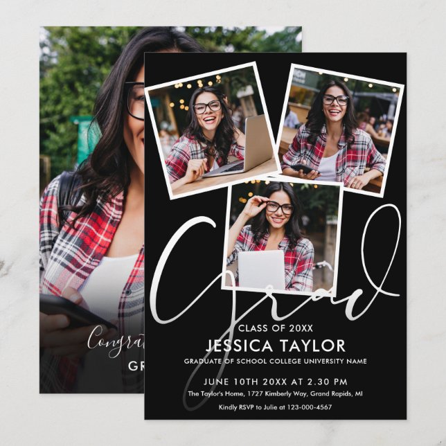 Convites Festa de Graduação com Colagem de 4 Fotos Moderna (Frente/Verso)