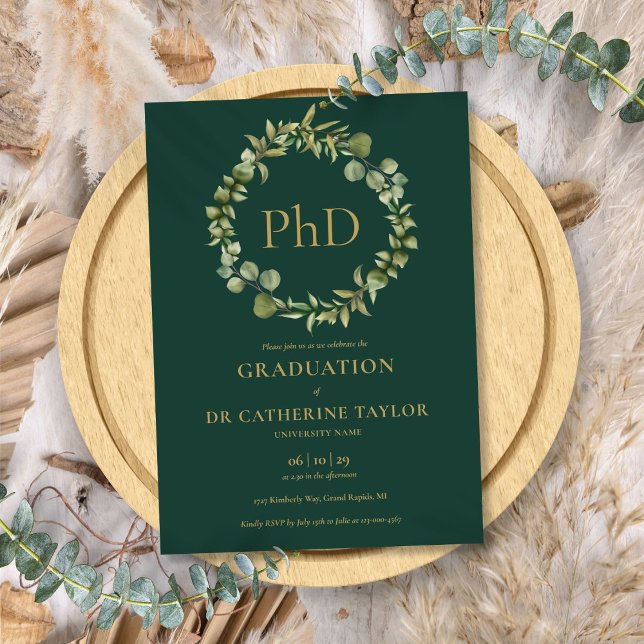 Convites Festa de Graduação com Coroa de Folhas Esmeralda p (PhD Degree Emerald Green Garland Graduation Party Invitation)