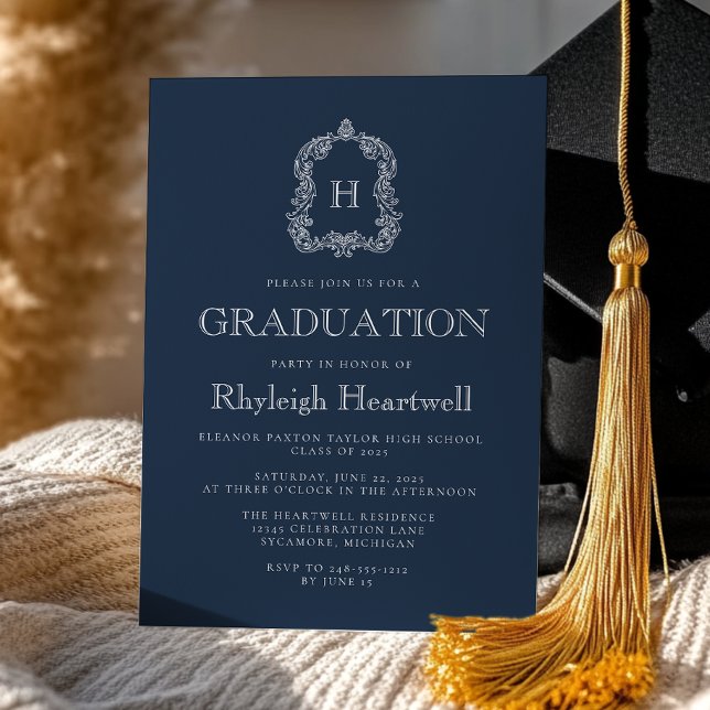 Convites Festa de Graduação com Crista Monograma Azul Marin (Criador carregado)