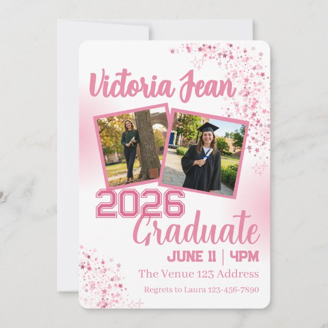 Convites Festa de Graduação com Estrelas Rosa e Imagens (Frente)