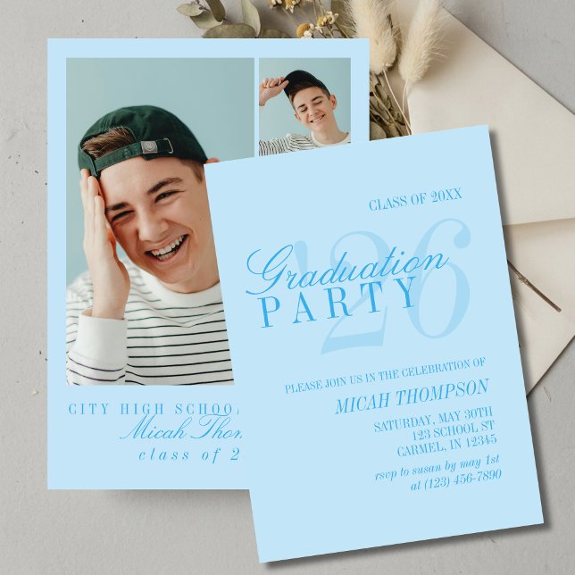 Convites Festa de Graduação com Foto Azul Moderna (Modern Blue Photo Graduation Party Invitation)