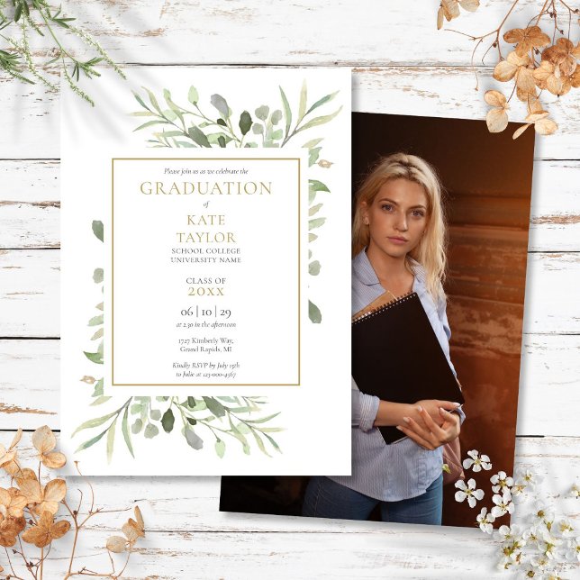 Convites Festa de Graduação com Foto de Vegetação Moderna (Modern Greenery Photo Graduation Party Invitation)