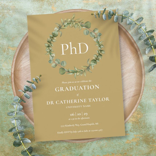 Convites Festa de Graduação com Guirlanda Dourada de Doutor (PhD Degree Gold Garland Graduation Party Invitation)