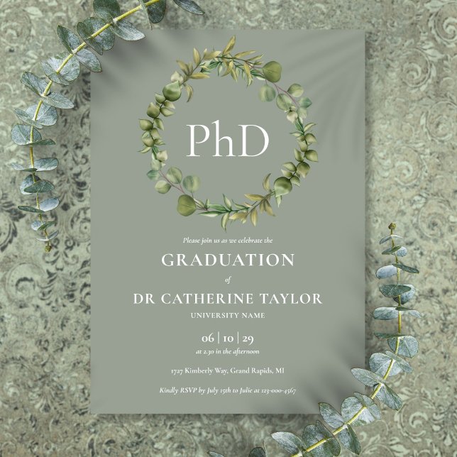 Convites Festa de Graduação com Guirlanda Verde Sage para D (PhD Degree Sage Green Garland Graduation Party Invitation)