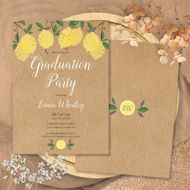 Convites Festa de Graduação com Limões Rústicos e Verdura (Rustic Lemons Greenery Script Graduation Party Invitation)