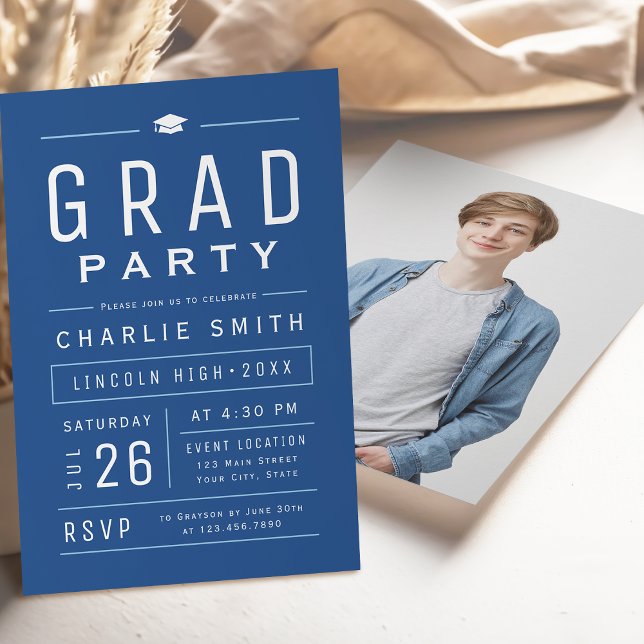 Convites Festa de Graduação com Tipografia Simples Moderna  (Blue Modern Simple Typography Graduation Party Invitation)