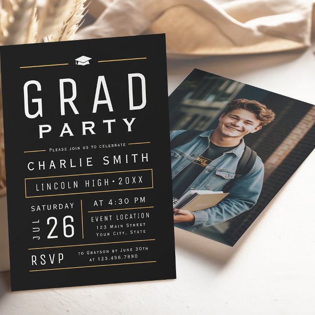 Convites Festa de Graduação com Tipografia Simples Moderna  (Black Modern Simple Typography Graduation Party Invitation)