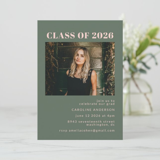 Convites Festa de Graduação da Turma de 2026 em Verde Sage  (Em pé/Frente)
