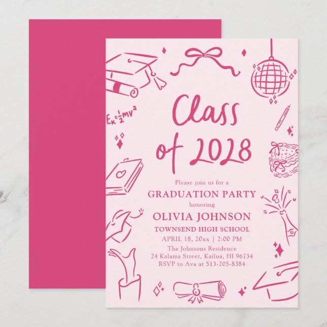 Convites Festa de Graduação da Turma de 2028 Desenhada à Mã (Frente/Verso)