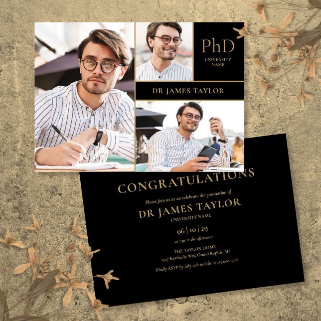 Convites Festa de Graduação de Doutorado Gold Black PhD Gra (Gold Black PhD Degree 3 Photo Graduation Party Invitation)