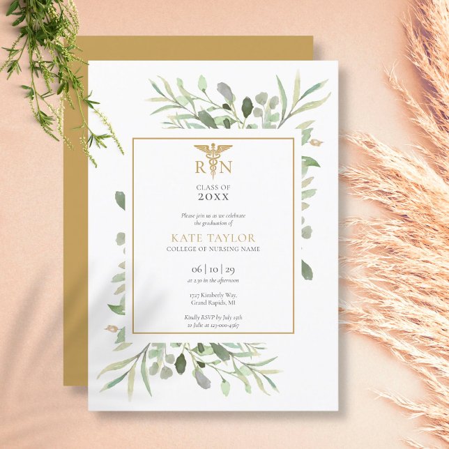 Convites Festa de Graduação de Enfermagem Greenery Gold RN (Greenery Gold RN Nursing Graduation Party Invitation)