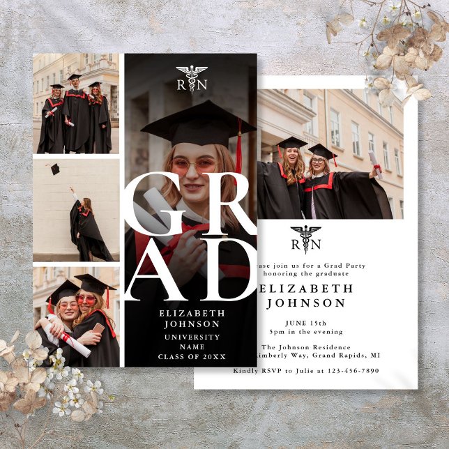 Convites Festa de Graduação de Enfermagem RN Moderno 5 Foto (Modern 5 Photo RN Nursing Graduation Party Invitation)