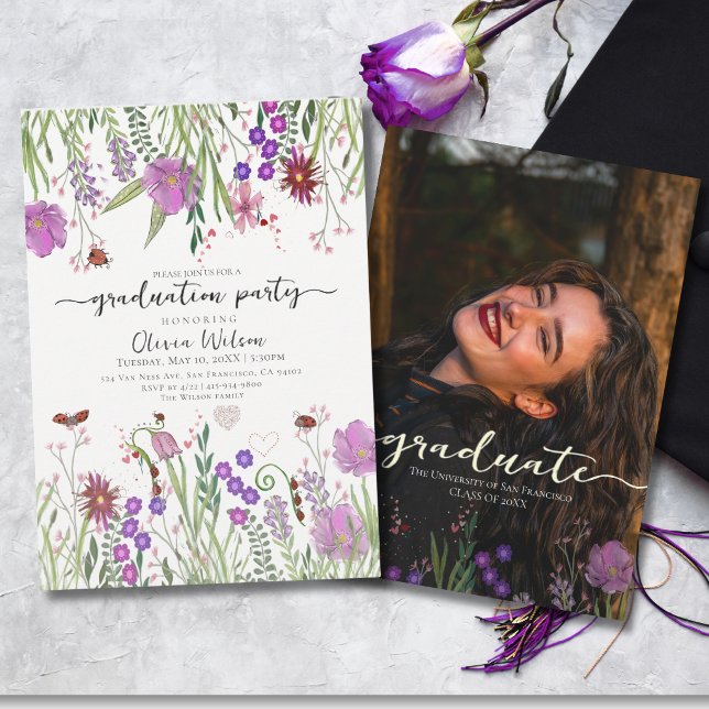 Convites Festa de Graduação de Flores Silvestres em Aquarel (Elegant Watercolor Wildflowers Graduation Party Invitation)