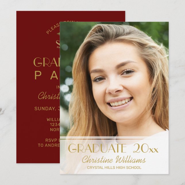 Convites Festa de Graduação de Formando Red Dourado Script  (Frente/Verso)