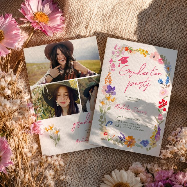Convites Festa de Graduação de Fotos Florais Boho Wildflowe (Boho Wildflowers Floral 3 Photo Graduation Party Invitation)