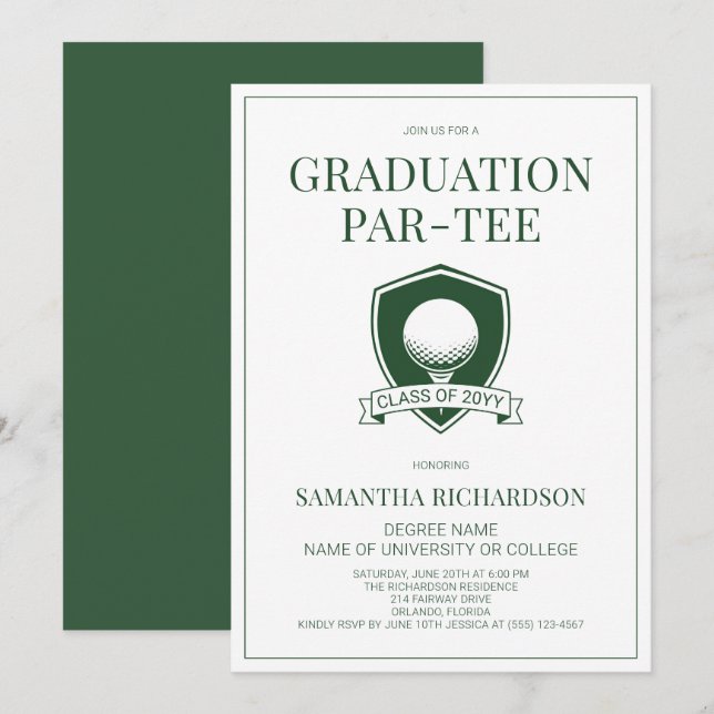 Convites Festa de Graduação de Golfe Elegante Verde e Branc (Frente/Verso)