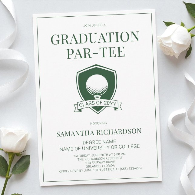 Convites Festa de Graduação de Golfe Elegante Verde e Branc (Modern Green & White Elegant Golf Graduation Party Invitation)