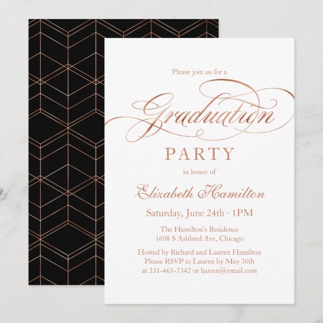 Convites Festa de Graduação Dourado Rosa Elegante Script Fo (Frente/Verso)