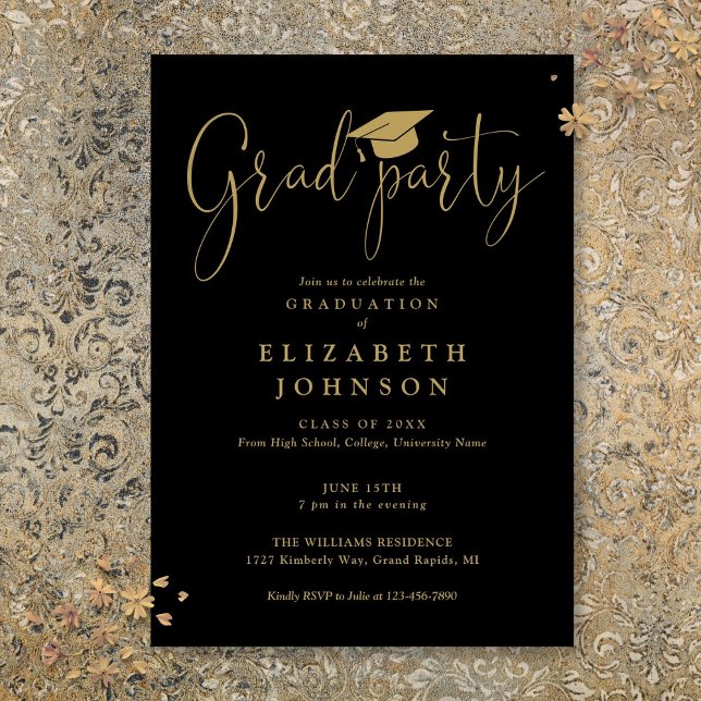 Convites Festa de Graduação em Preto e Dourado Roteiro Grad (Black And Gold Grad Party Script Graduation Invitation)