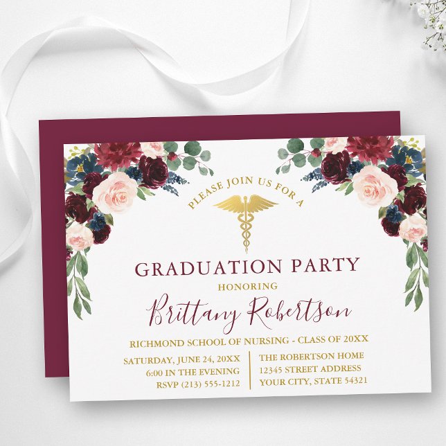 Convites Festa de Graduação Médica com Flores e Folhagens e (Customize to change text size, color, style or to change color of back of card.)