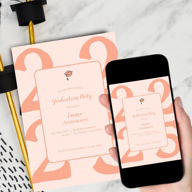 Convites Festa de Graduação Minimal Peach (Elegant Minimalist Class of 2025 Graduation Party Invitation)
