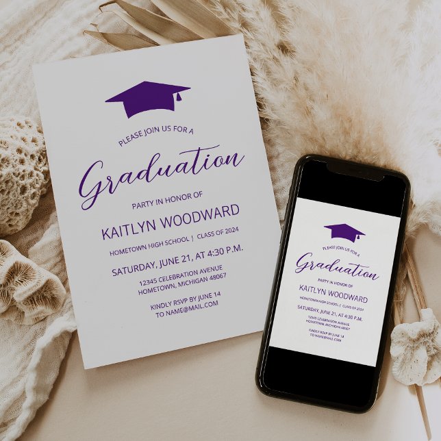 Convites Festa de Graduação Moderna Chapeu Roxo 2026 (Criador carregado)
