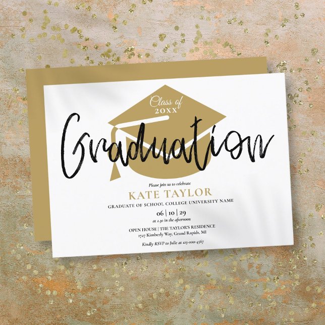 Convites Festa de Graduação Moderna e Simples com Toca Dour (Modern Simple Gold Cap Graduation Party Invitation)