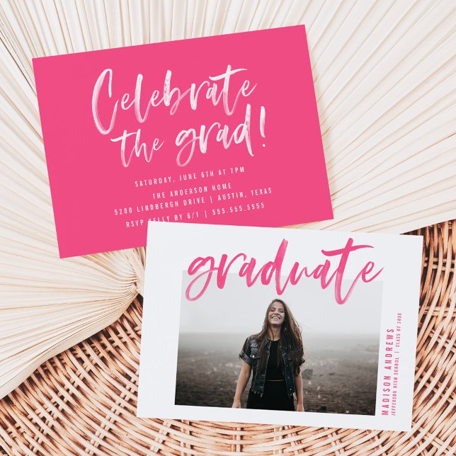 Convites Festa de Graduação Moderna em Rosa Choque com Letr (Criador carregado)