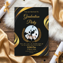 Convites Festa de Graduação Moderna Preta e Dourada