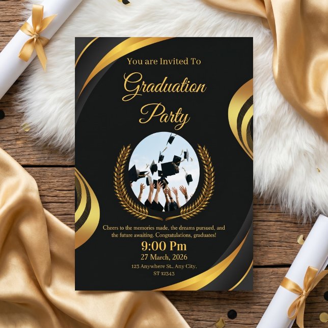 Convites Festa de Graduação Moderna Preta e Dourada (Criador carregado)