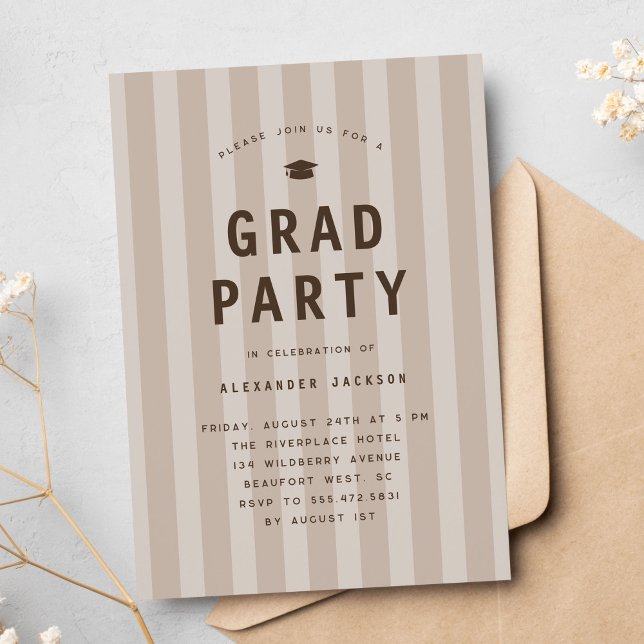 Convites Festa de Graduação Moderno Neutro com Listras Espo (Criador carregado)